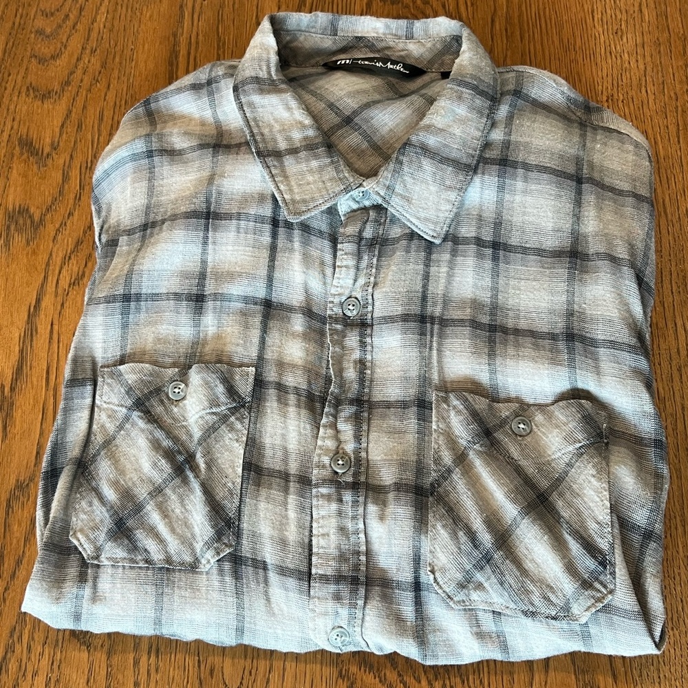 Travis Mathew men's flannel button up shirt in a gray/multicolor plaid pattern